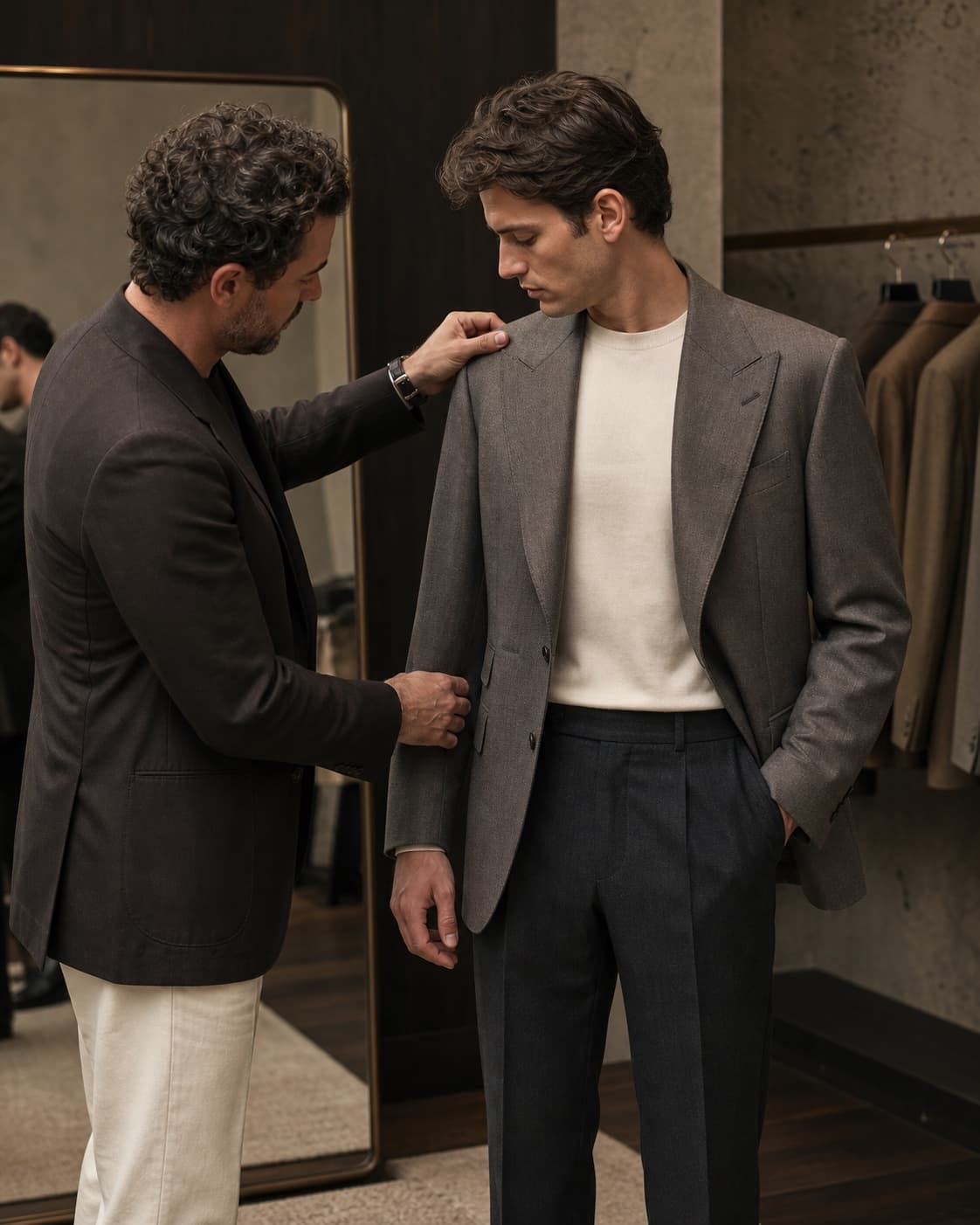 A private menswear styling appointment in a quiet tailoring studio