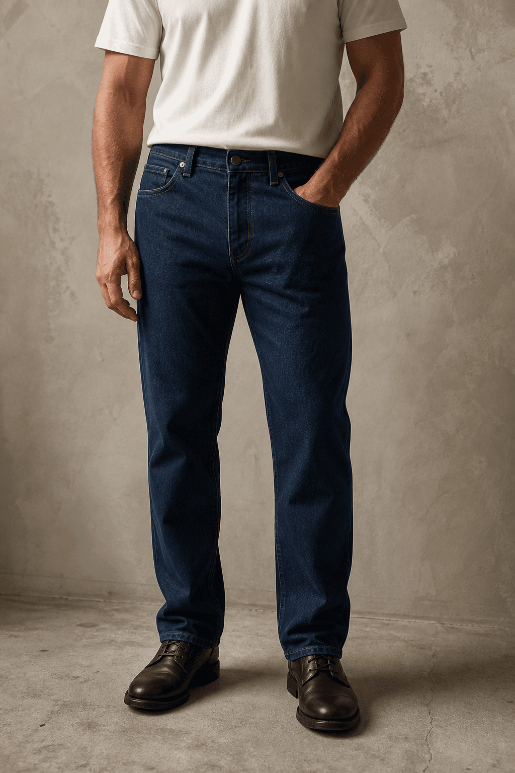 Man wearing clean medium-dark indigo Axis Regular Jeans