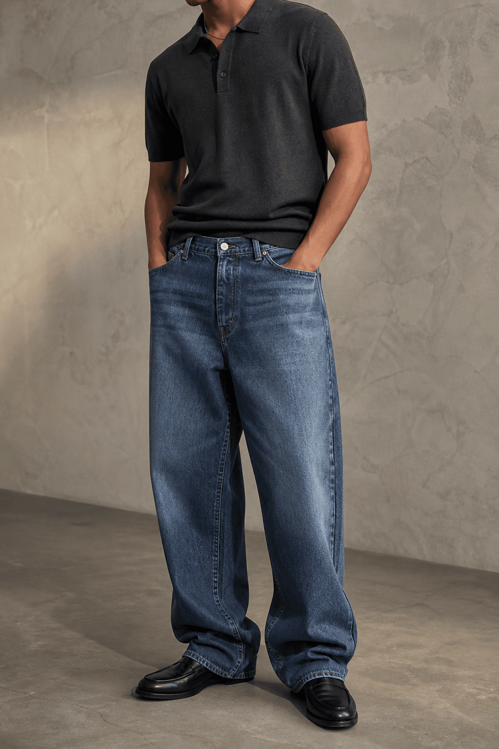 Man wearing faded indigo Basin Baggy Jeans with controlled volume