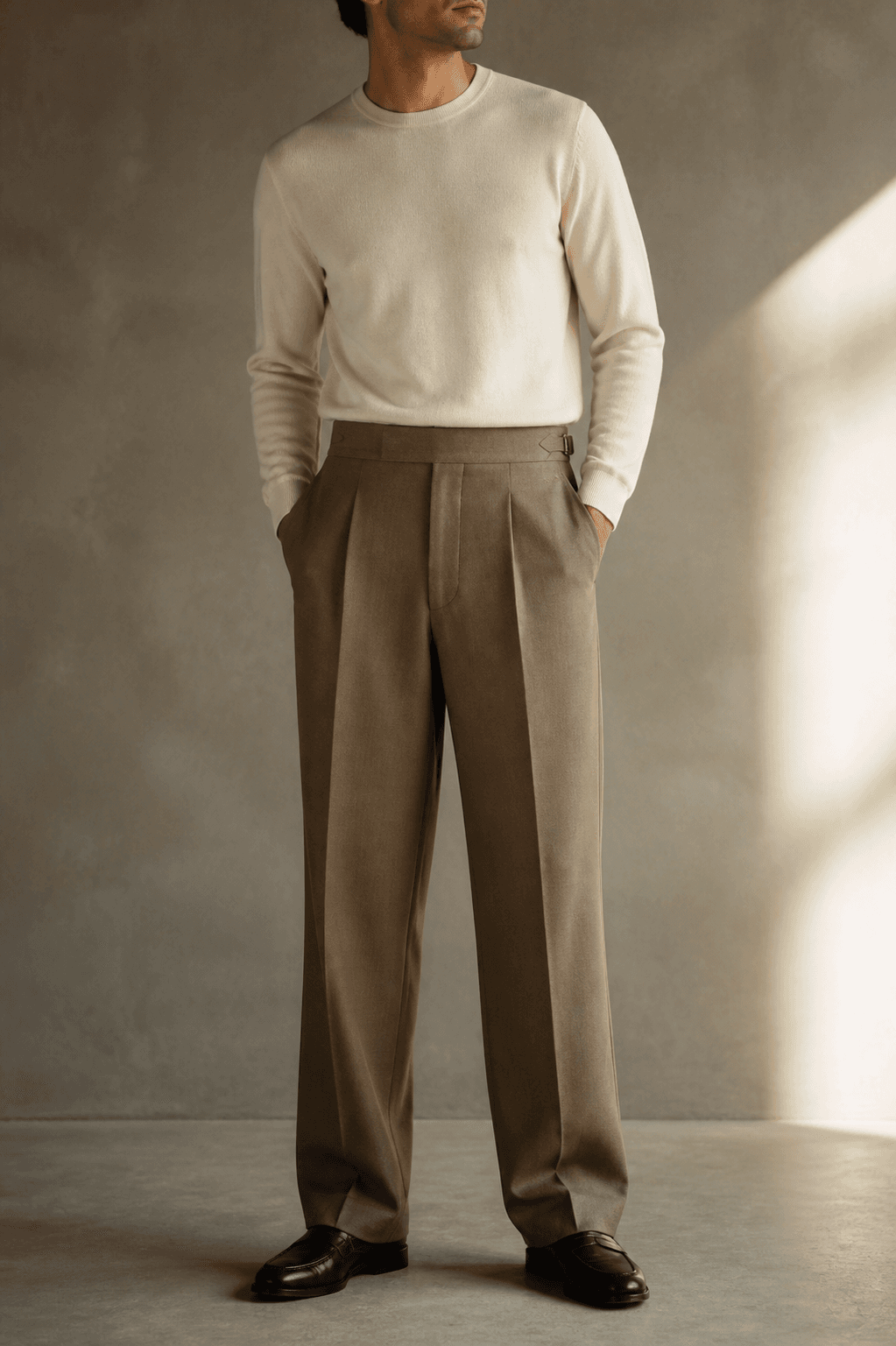 Man wearing warm tobacco Drift Pleat Trousers with a cream knit