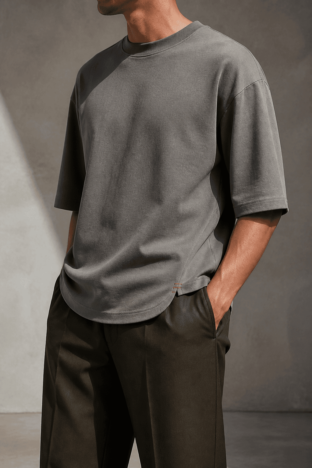 Man wearing the sculpted mineral grey Formline Tee