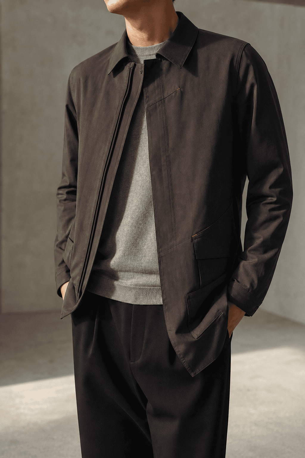 Man wearing the espresso Grove Field Jacket over a grey knit