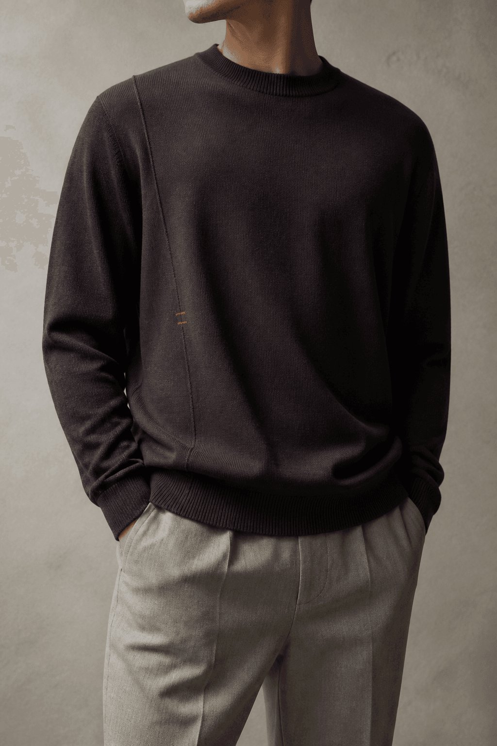 Man wearing the plum and charcoal Meridian Knit