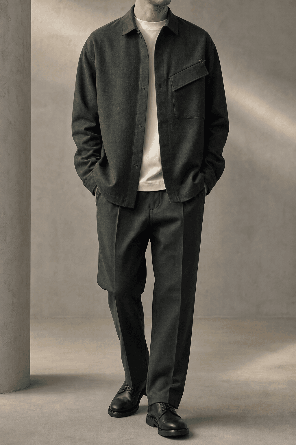 Man wearing the deep forest Northline Overshirt over an ecru T-shirt