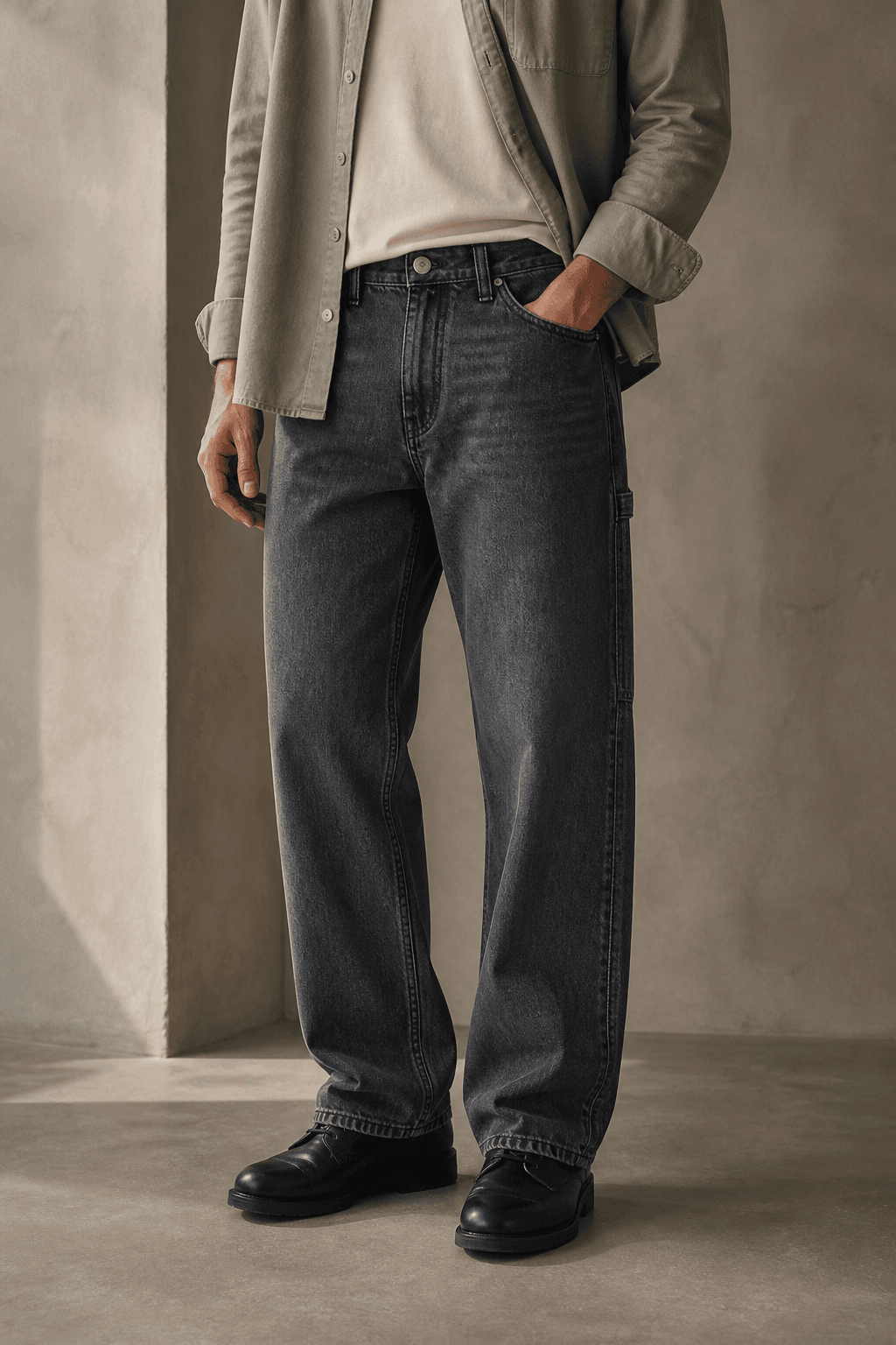 Man wearing washed charcoal Quarry Relaxed Jeans with a muted sage overshirt