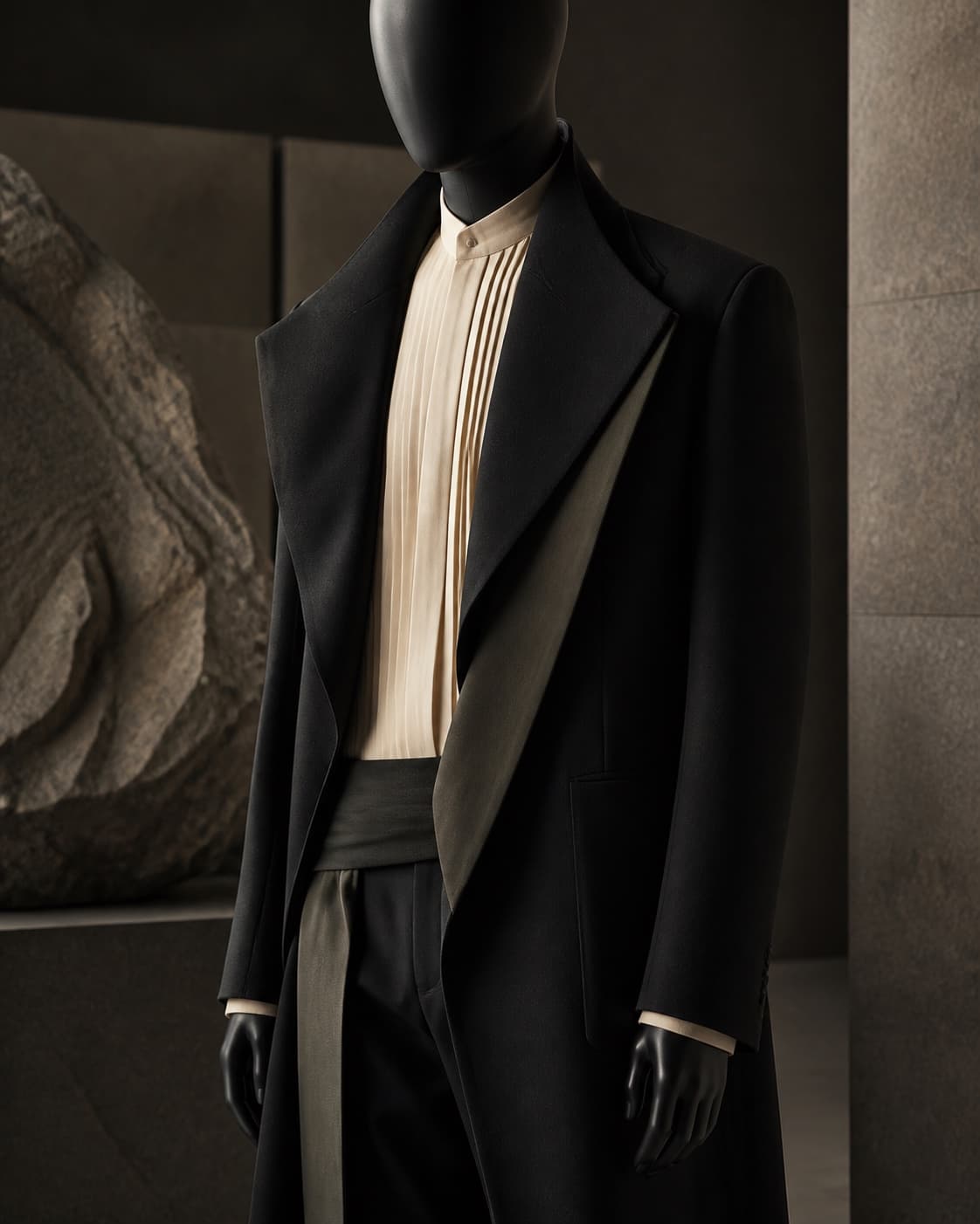 Sculptural black and ivory menswear tailoring displayed in a dark gallery