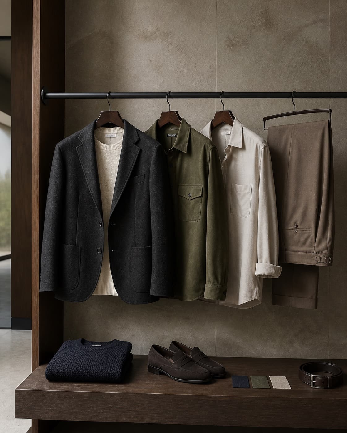 Curated smart-casual menswear with a blazer, overshirt, knitwear, trousers, and loafers